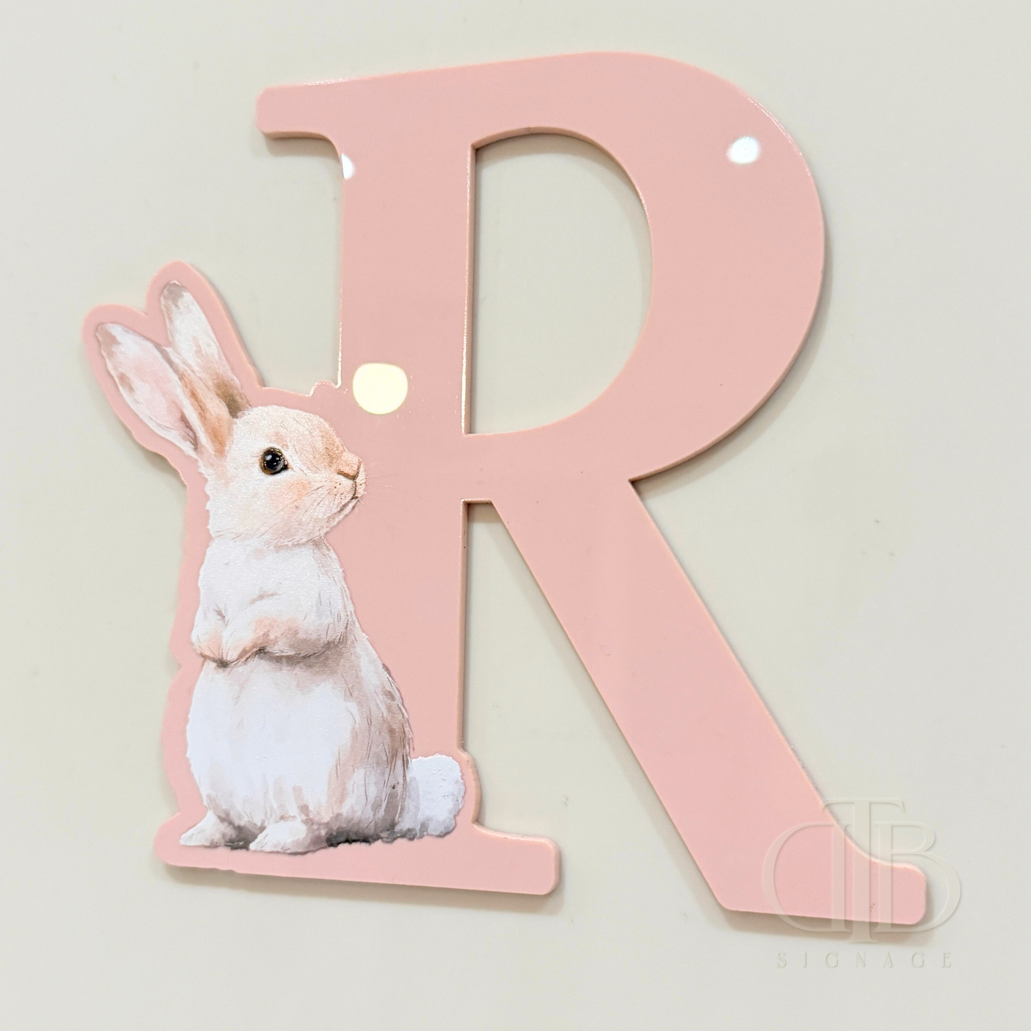 Acrylic R initial in baby pink with Rabbit in UV print