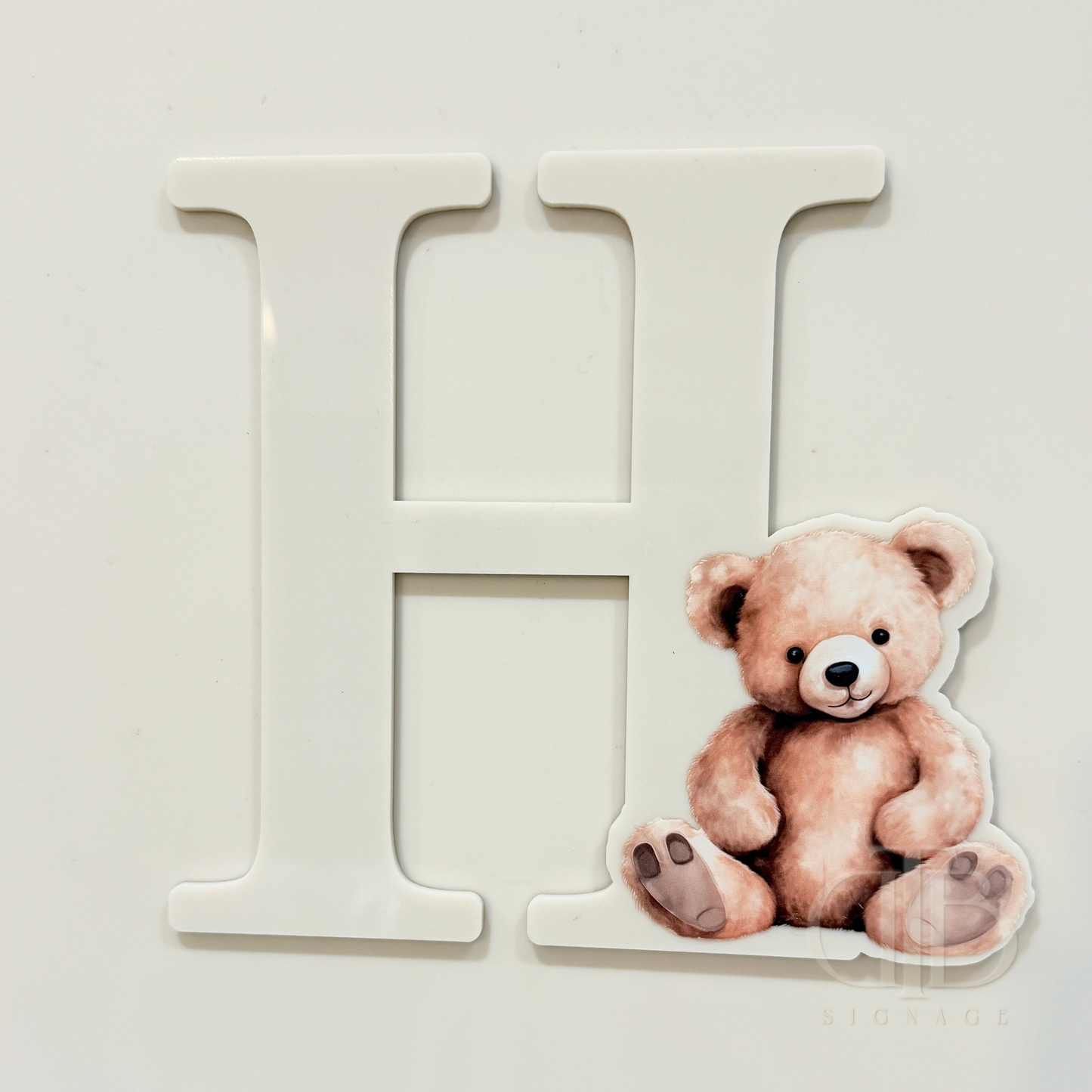 Acrylic H initial with Teddy Bear in UV print