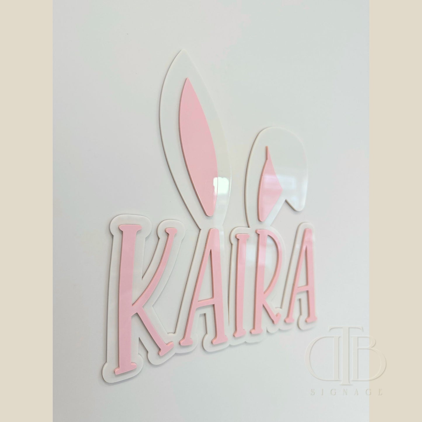 Bunny Name Acrylic Signage | Nursery Signage | Double Layer Acrylic | Baby Pink on Beige