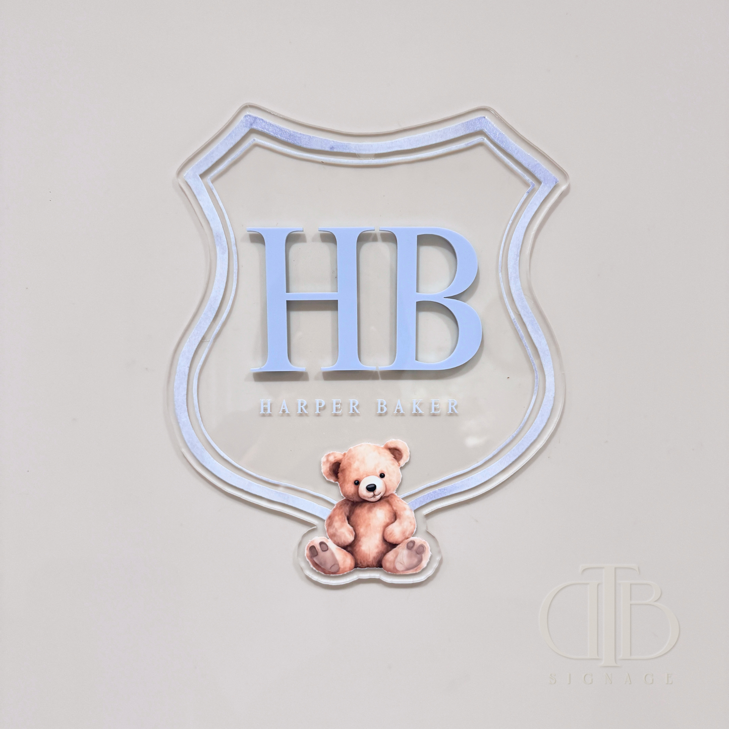Luxury crest with HB initials, teddy bear UV printed