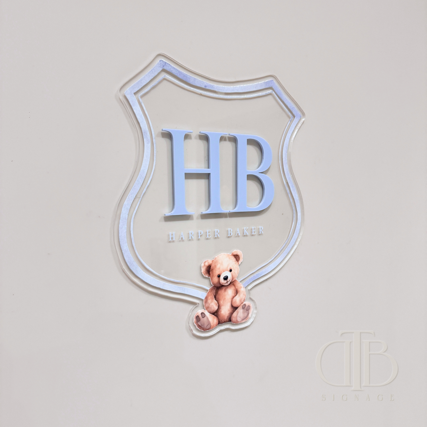 Luxury crest with HB initials, teddy bear UV printed, side view