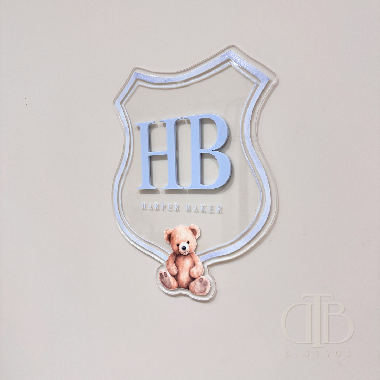 Luxury crest with HB initials, teddy bear UV printed, right side view