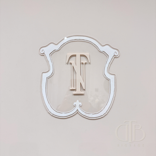 Luxury crest in Beige frame UV printed on clear acrylic, front view