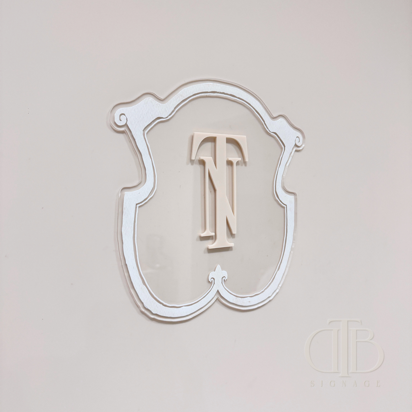 Luxury crest in Beige frame UV printed on clear acrylic, left view