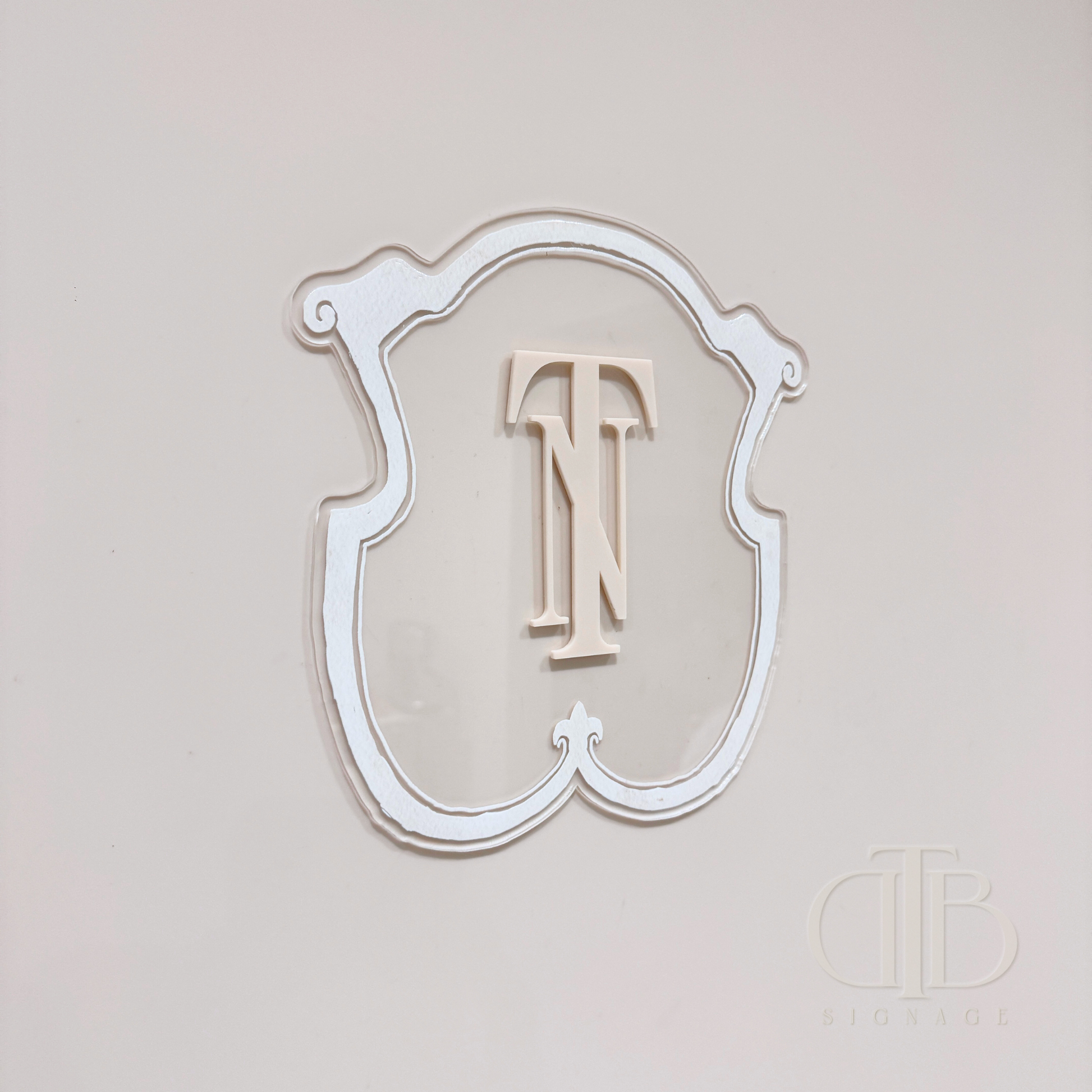 Luxury crest in Beige frame UV printed on clear acrylic, left view