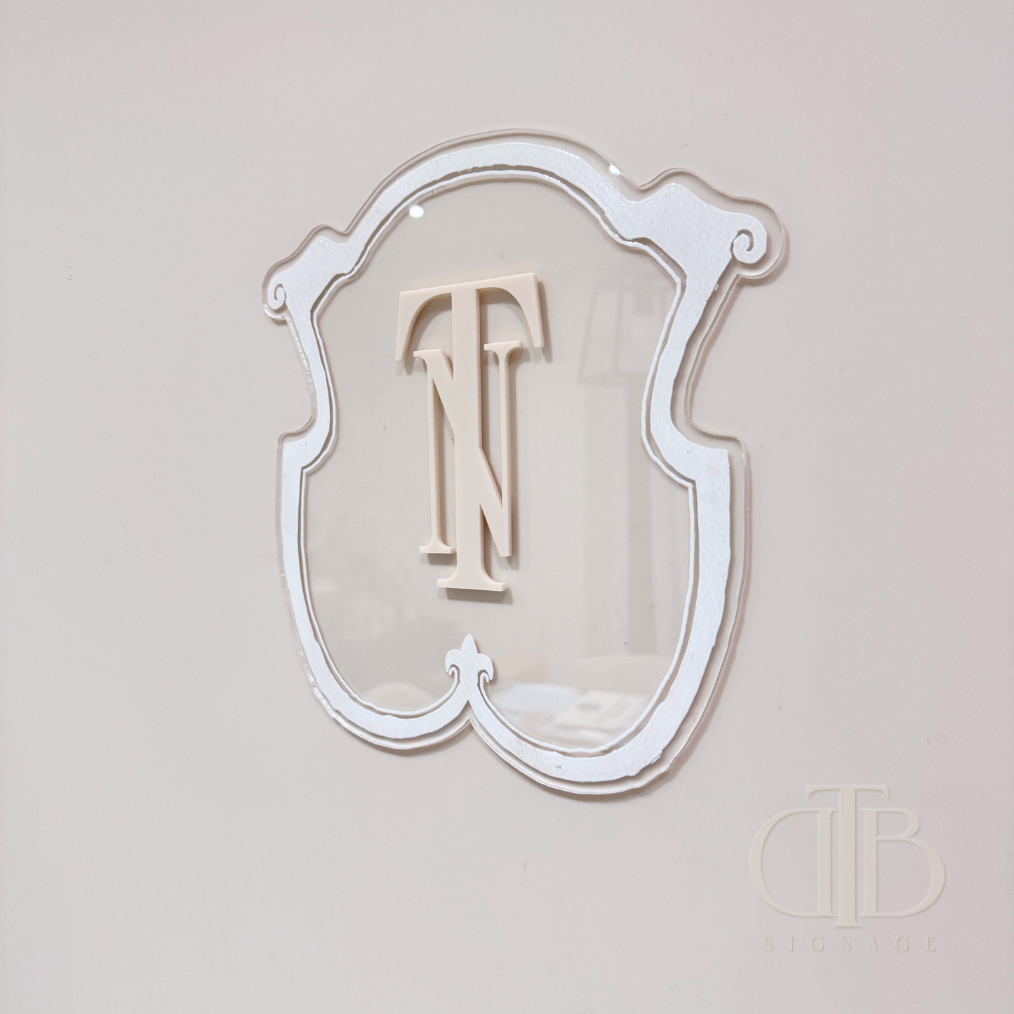 Luxury crest in Beige frame UV printed on clear acrylic, right view