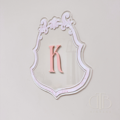 Luxury crest with baby pink frame UV printed and acrylic initial K in baby pint, right side view