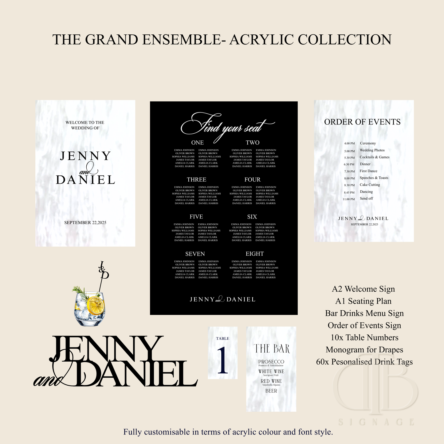 Collection of wedding planning materials with 'Jenny & Daniel' theme on a beige background.