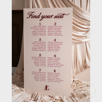Seating chart for an event with names and numbers on a pink background