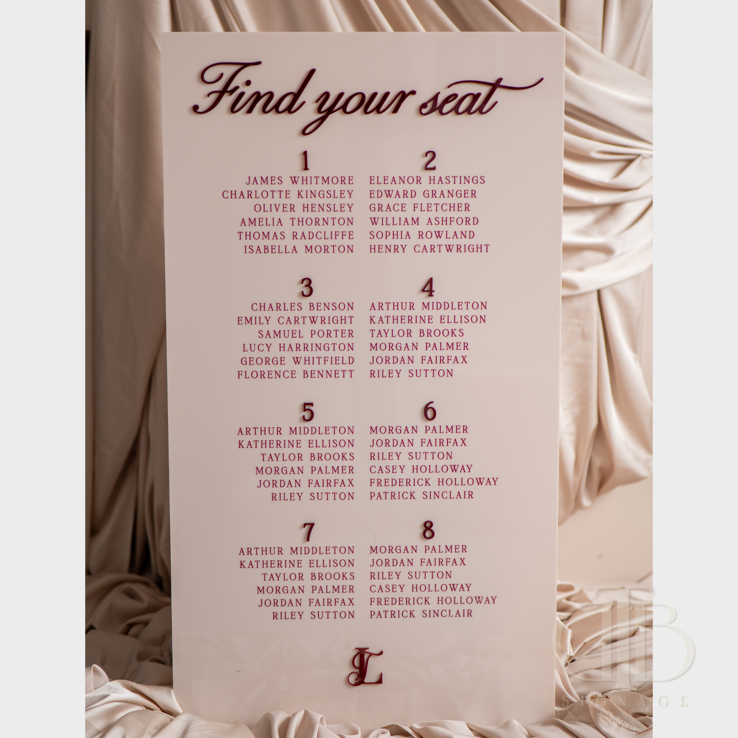 Seating chart for a formal event with names and numbers on a beige background
