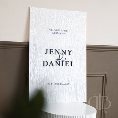 Wedding welcome sign with 'Jenny and Daniel' on a textured white background