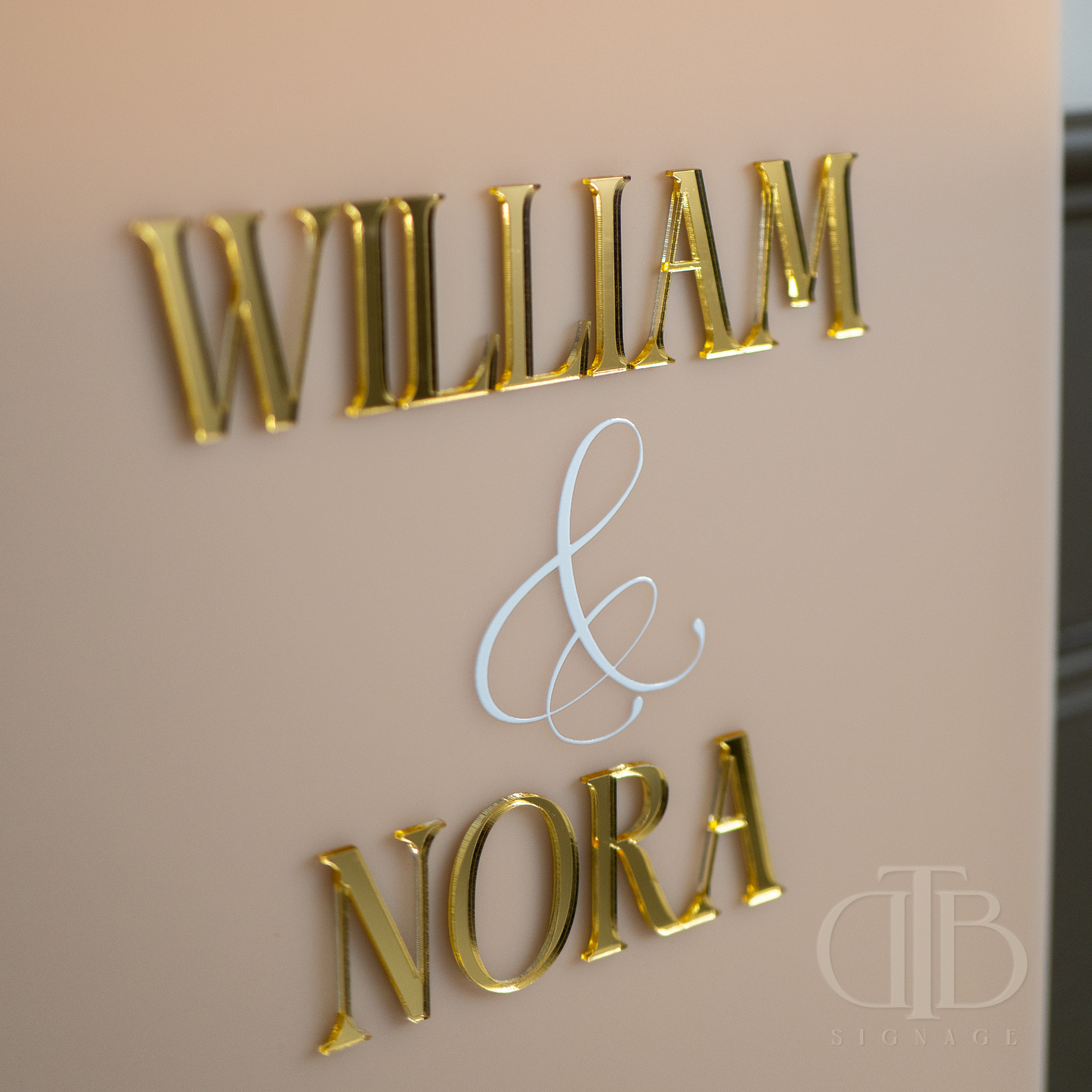 Gold text 'WILLIAM & NORA' on a beige background with a logo in the corner.