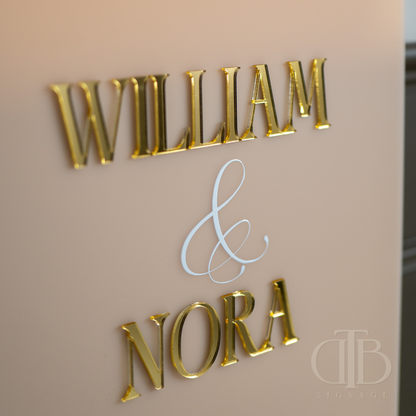 Gold text 'WILLIAM & NORA' on a beige background with a logo in the corner.