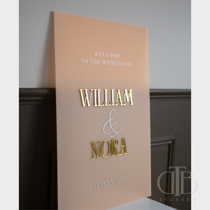 Wedding welcome sign with 'William & Nora' on a plain background