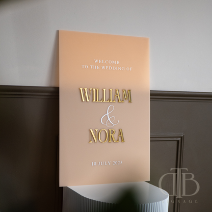 Wedding welcome sign with 'William & Nora' on a beige background