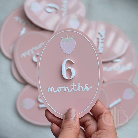 Acrylic Monthly Milestone Disc | Birthday Milestone Acrylic Sign  | Full Set Monthly Milestone Signs | Baby Photo Props | Birth Announcement Signage | Strawberry Accent