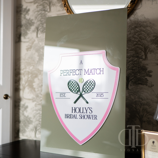 Shower invitation with tennis racket design on a neutral background