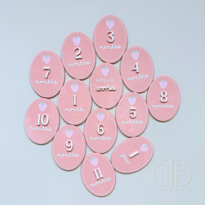 Acrylic Monthly Milestone Disc | Birthday Milestone Acrylic Sign  | Full Set Monthly Milestone Signs | Baby Photo Props | Birth Announcement Signage | Strawberry Accent