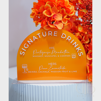 Orange sign with cocktail recipes and floral decorations on a white background