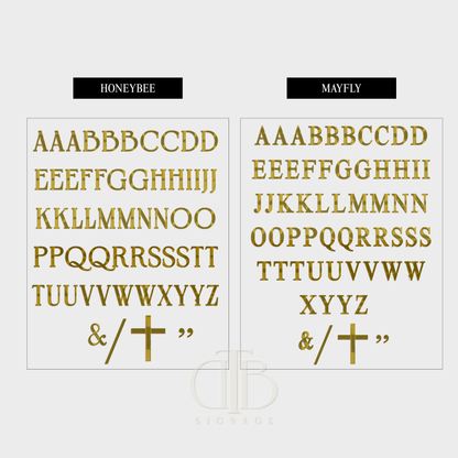 Two sets of gold lettering on a white background, labeled 'Honeybee' and 'Mayfly'.