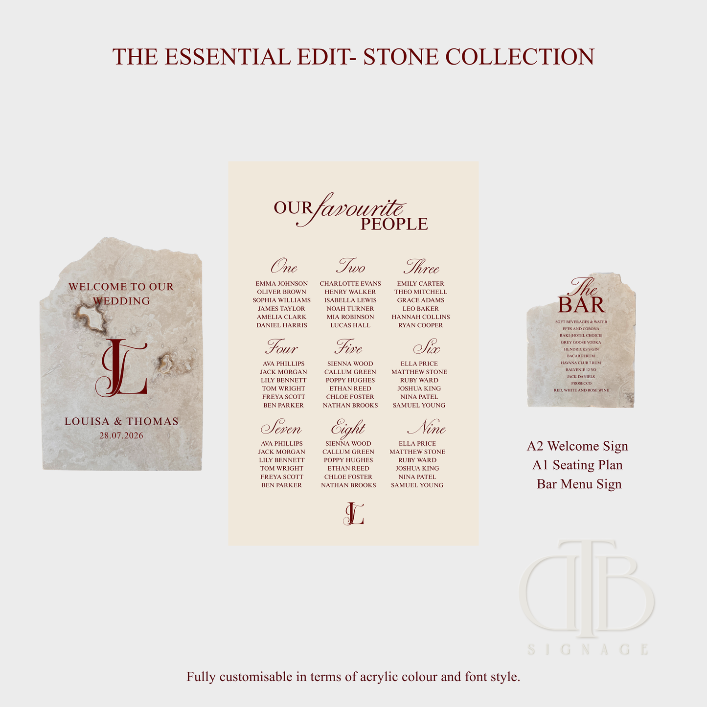 Wedding stationery collection with 'The Essential Edit Stone Collection' on a white background.