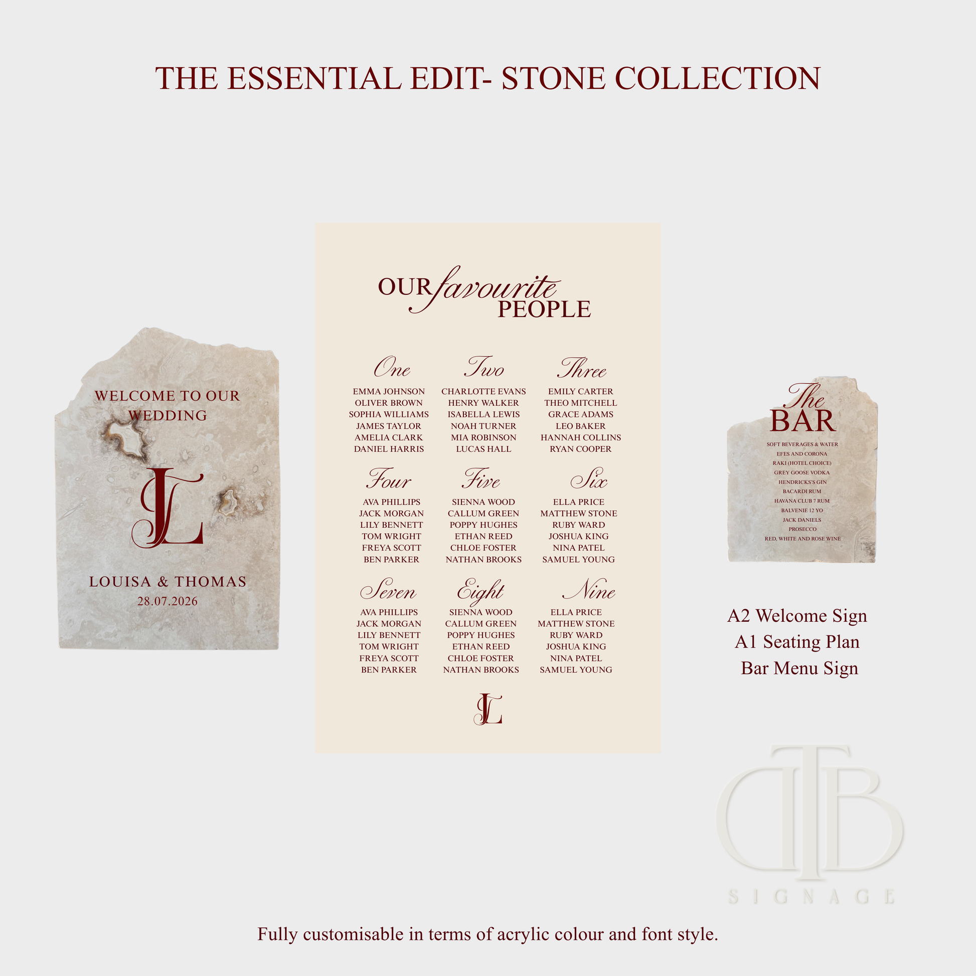 Wedding stationery collection with 'The Essential Edit Stone Collection' on a white background.