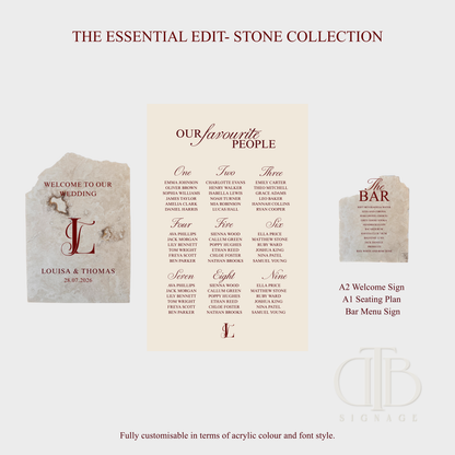 Wedding stationery collection with 'The Essential Edit Stone Collection' on a white background.