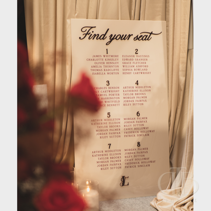 Seating chart for an event with names against a curtain backdrop