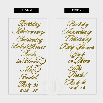 Two labels with gold text on a white background, featuring various event and relationship-related phrases.