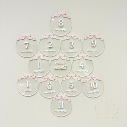 Clear Acrylic Milestone Signage | Birthday Milestone Acrylic Disc | Full Set Monthly Milestone Signs | Baby Photo Props | Birth Announcement Signage | Bow Accent
