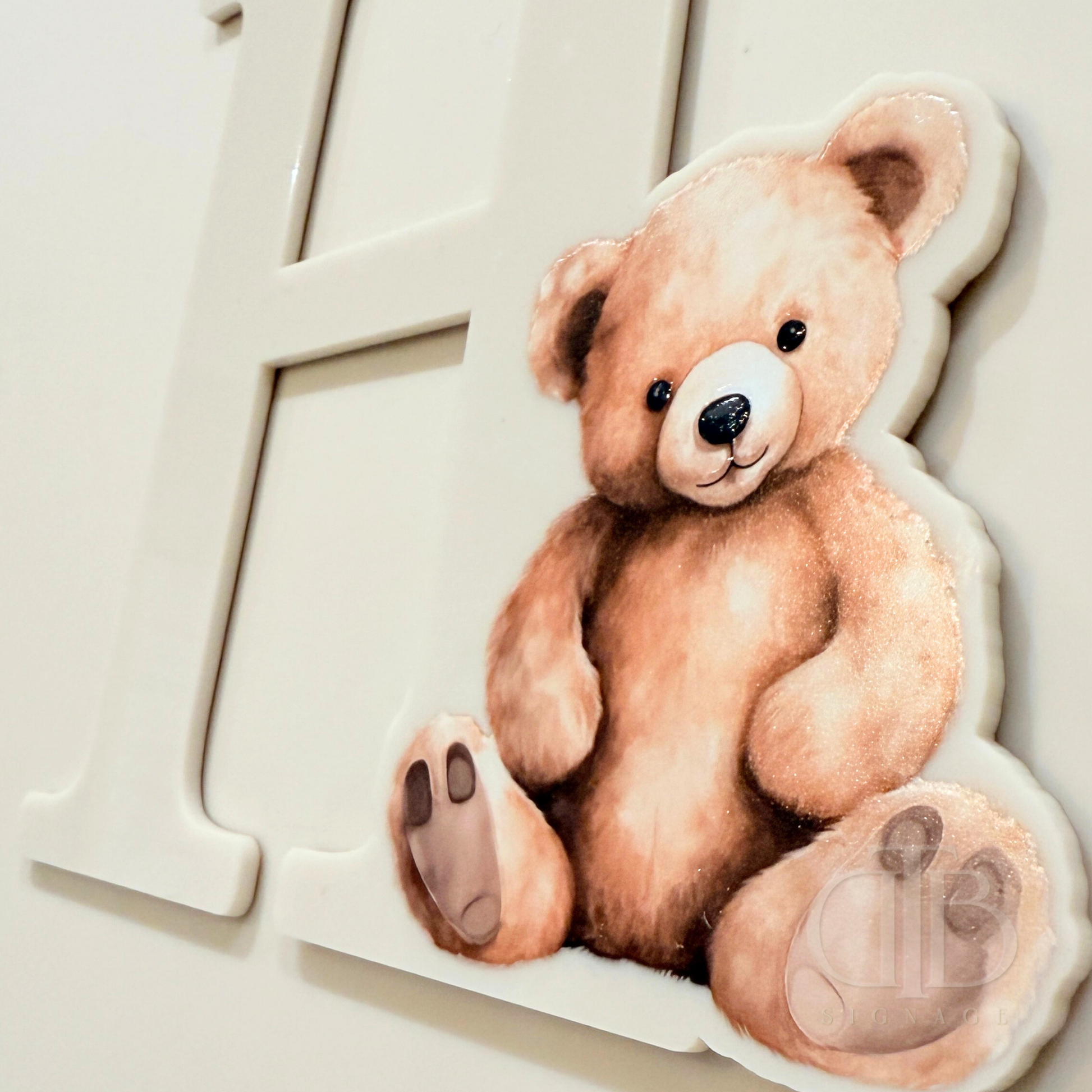 Acrylic H initial with Teddy Bear in UV print, close up view