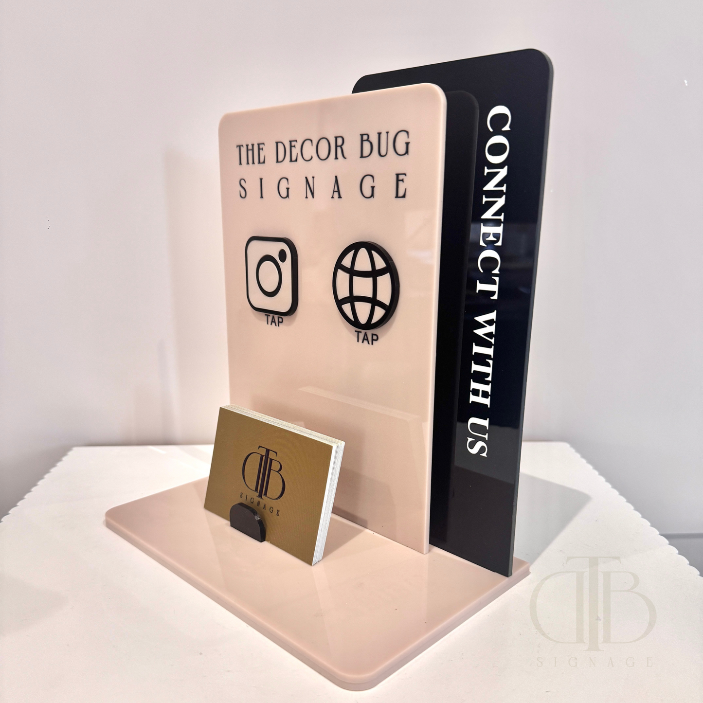 Right view angle of Customisable acrylic Social Media Board with Whatsapp and Instagram icons with NFC tap technology on a white surface, also have a slot of holding Business Cards, fully made of premium acrylics. 