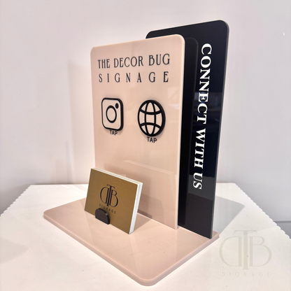 Right view angle of Customisable acrylic Social Media Board with Whatsapp and Instagram icons with NFC tap technology on a white surface, also have a slot of holding Business Cards, fully made of premium acrylics. 