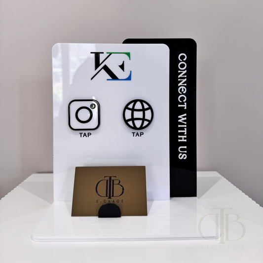 Customisable Social Media Board with Website and Instagram icons with NFC tap technology on a white surface, also have a slot of holding Business Cards, fully made of premium acrylics. 