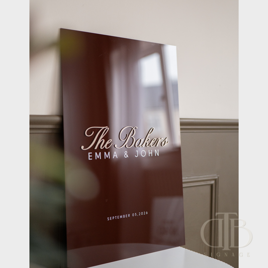 Personalized wedding card with 'The Bakers' and names on a blurred background