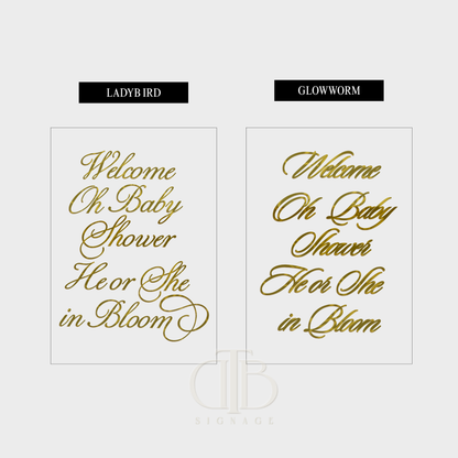 Two baby shower invitations with gold text on a white background