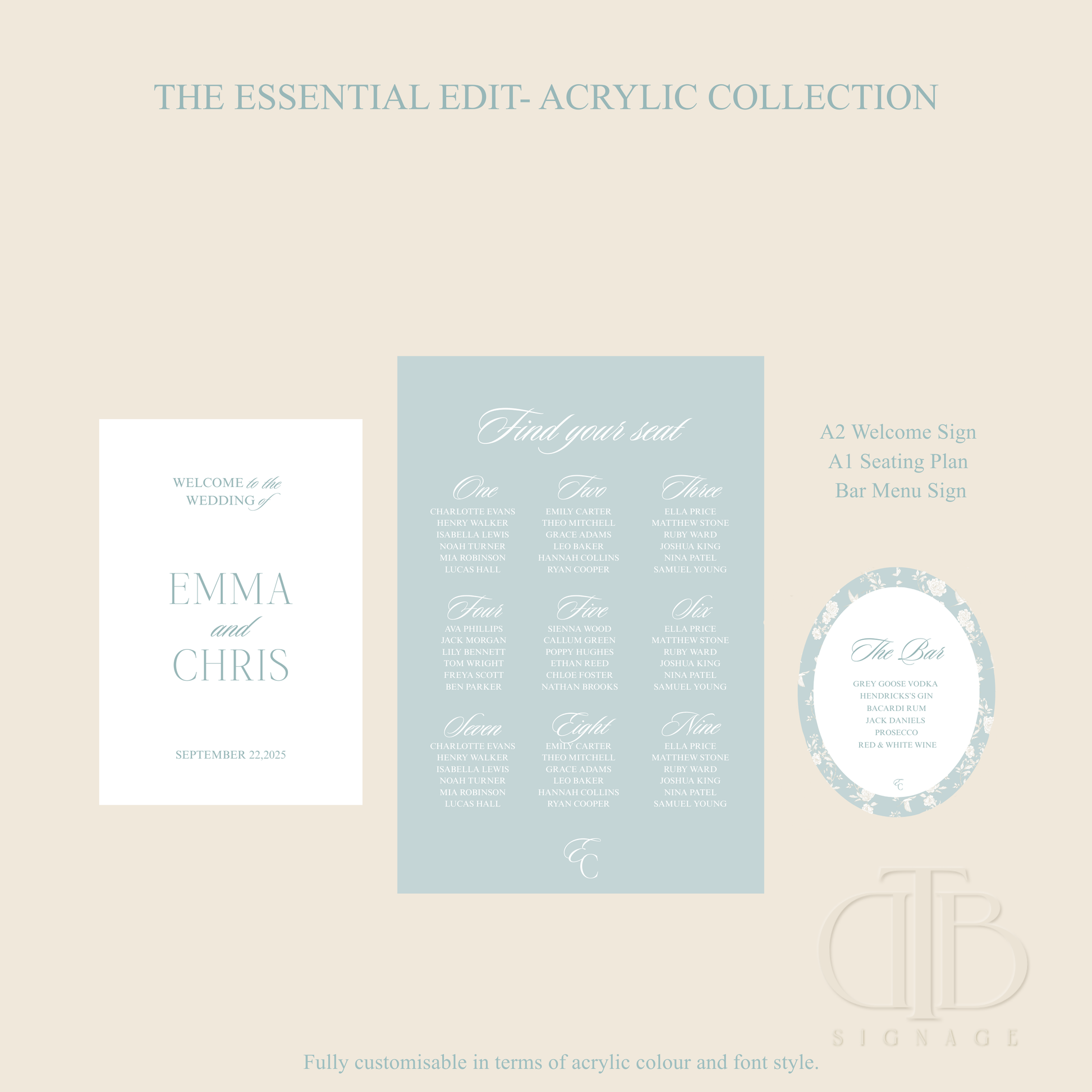 Acrylic collection for wedding planning with customizable design elements on a beige background.