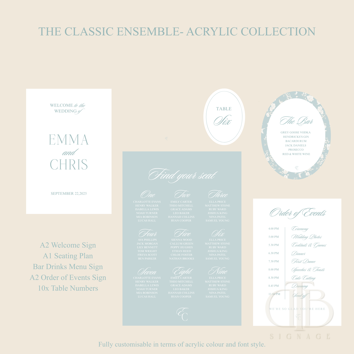 Collection of wedding planning acrylic signs with text on a beige background