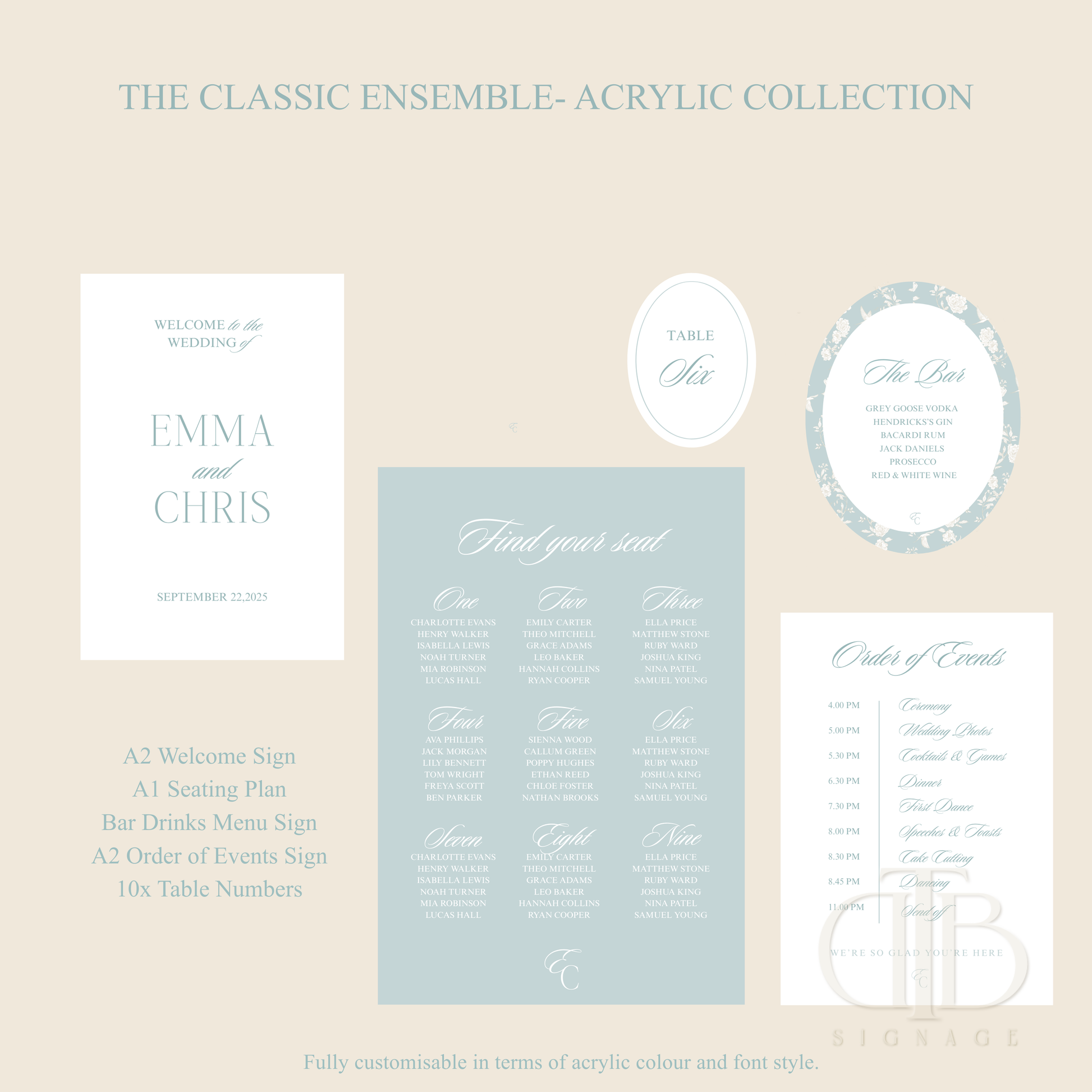 Collection of wedding planning acrylic signs with text on a beige background