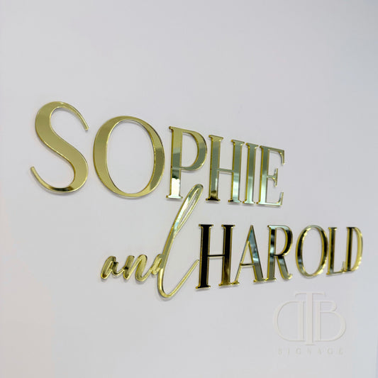 Gold Mirror Acrylic Signage | Name and Name Signage | Wedding Signage | Bridal Signage | Single Layer Acrylic