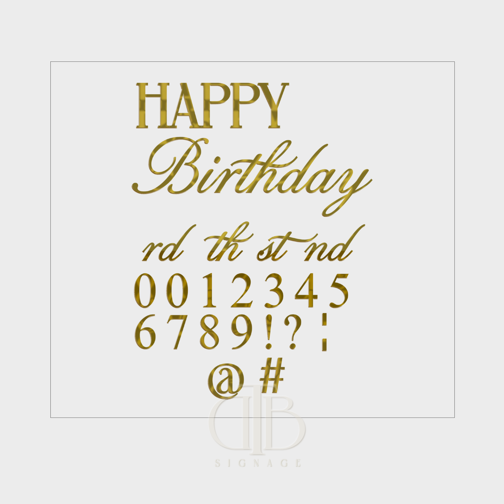 Gold birthday text and numbers on a white background