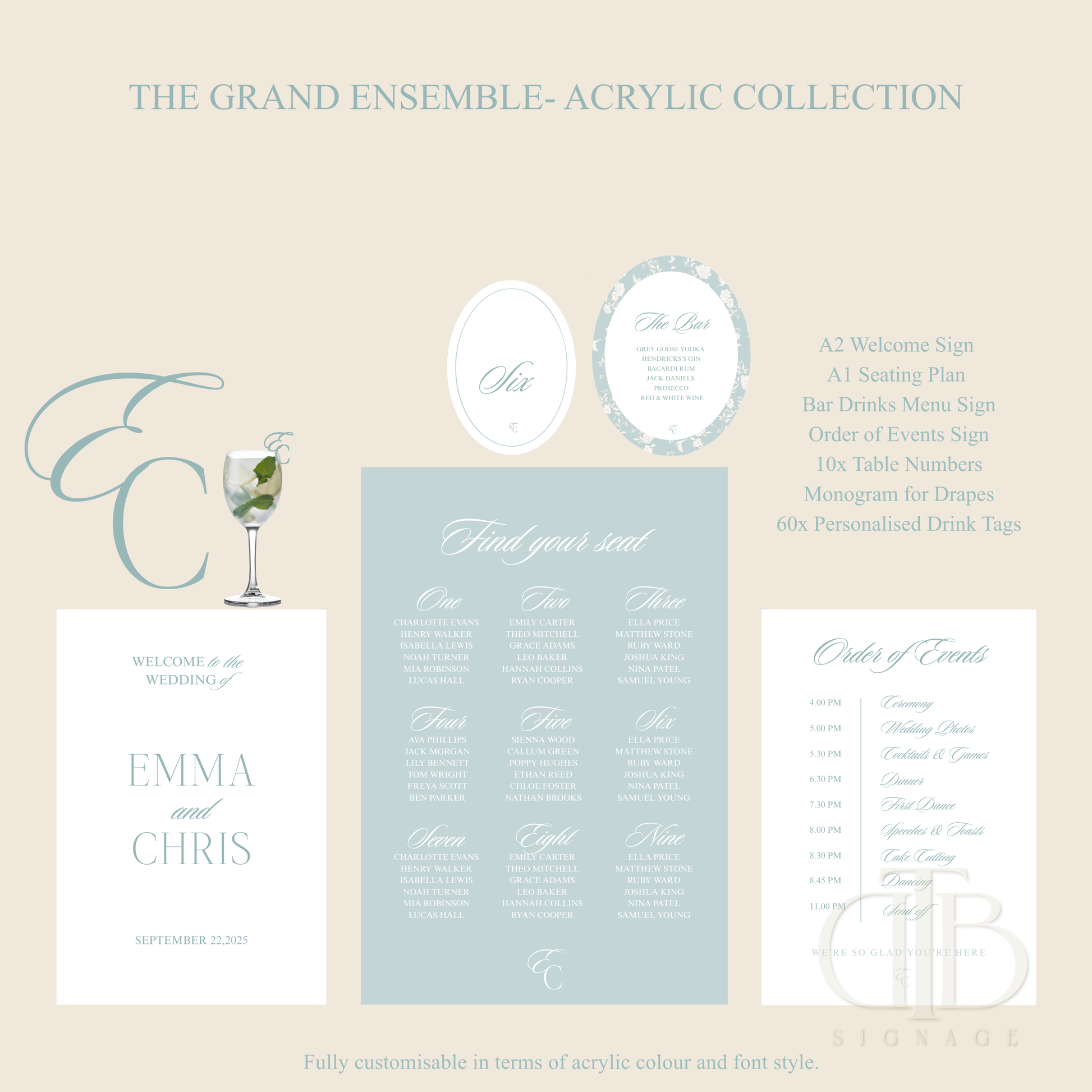 Collection of wedding stationery items with customizable options on a beige background.