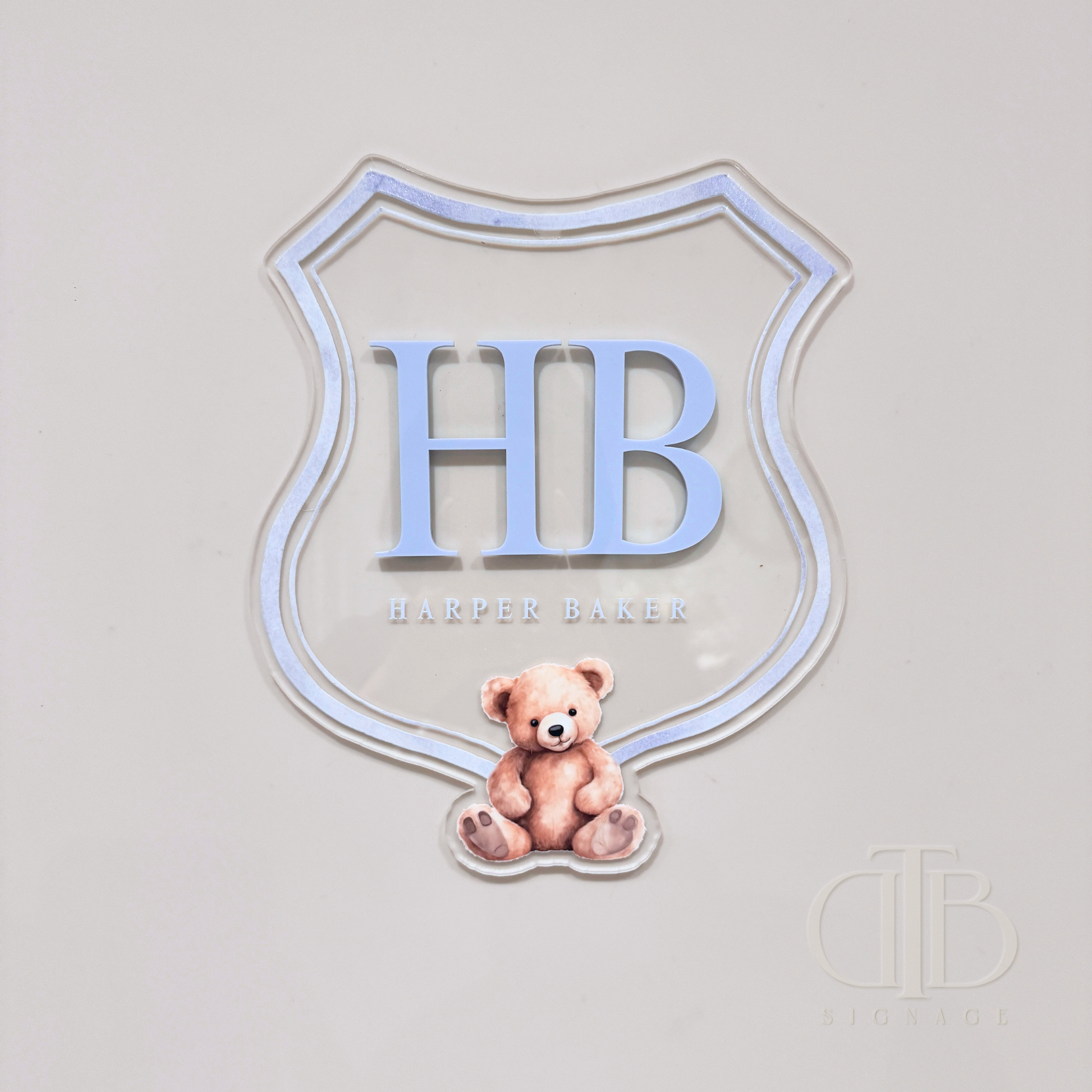 Luxury crest with HB initials, teddy bear UV printed
