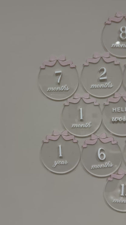 Clear Acrylic Milestone Signage | Birthday Milestone Acrylic Disc | Full Set Monthly Milestone Signs | Baby Photo Props | Birth Announcement Signage | Bow Accent