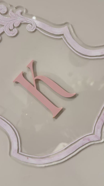 Luxury crest with baby pink frame UV printed and acrylic initial K in baby pint, video clip